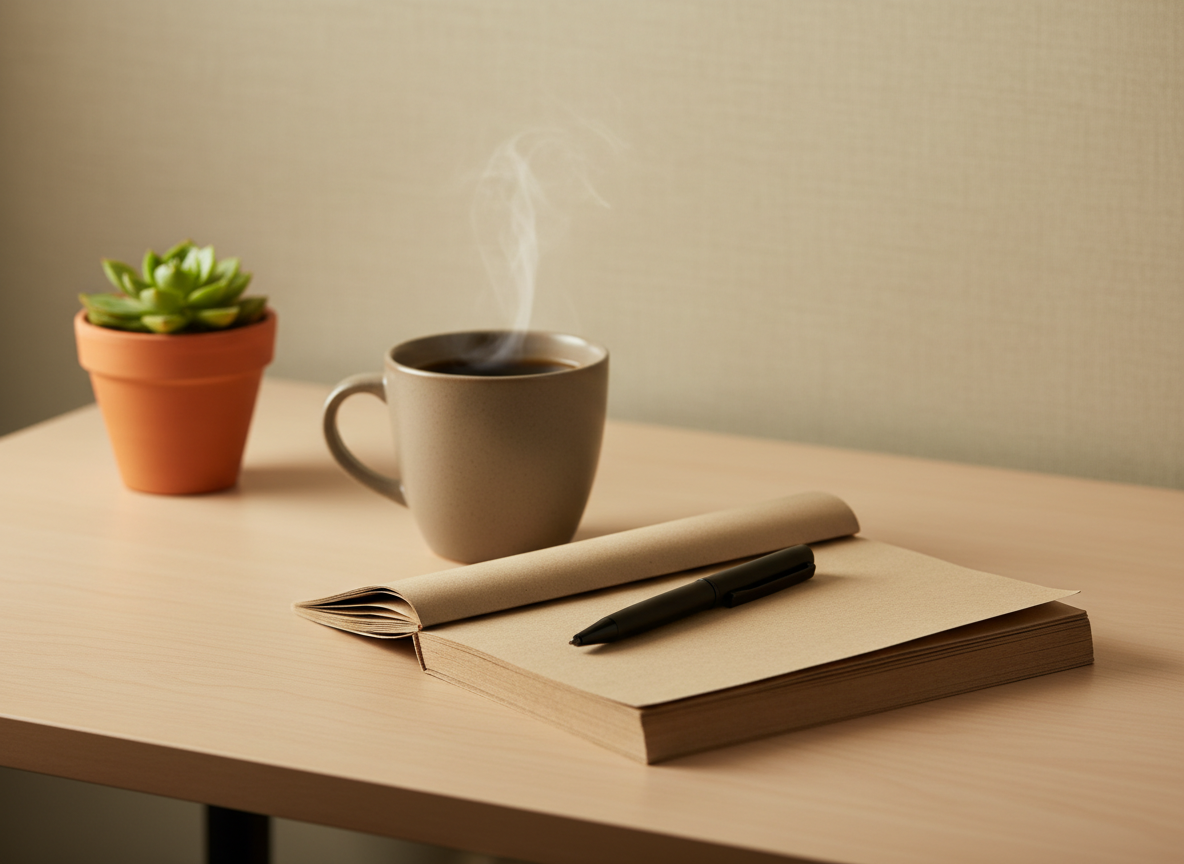 Warm coffee and khaki tones, minimalist workspace detail. Small desk setup with potted plant, notepad, pen, coffee cup, warm studio lighting, realistic and professional aesthetic, no text or writing visible, calm and inviting atmosphere